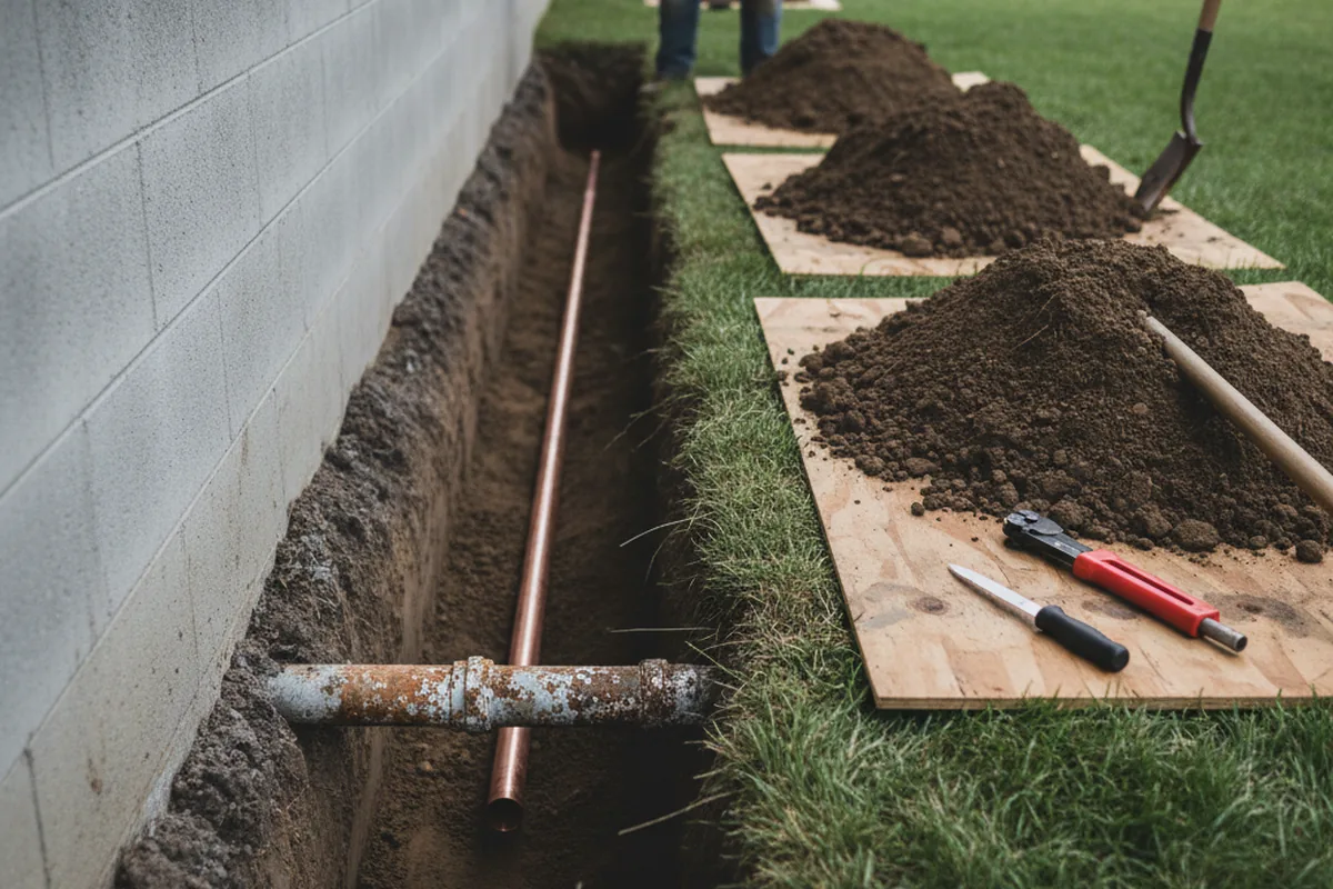 Excavated water line trench during Water Softener Installation in Union Grove